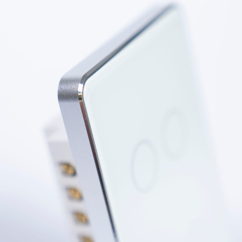 OSH 4 Gang Smart Light Switch white face silver frame detail view